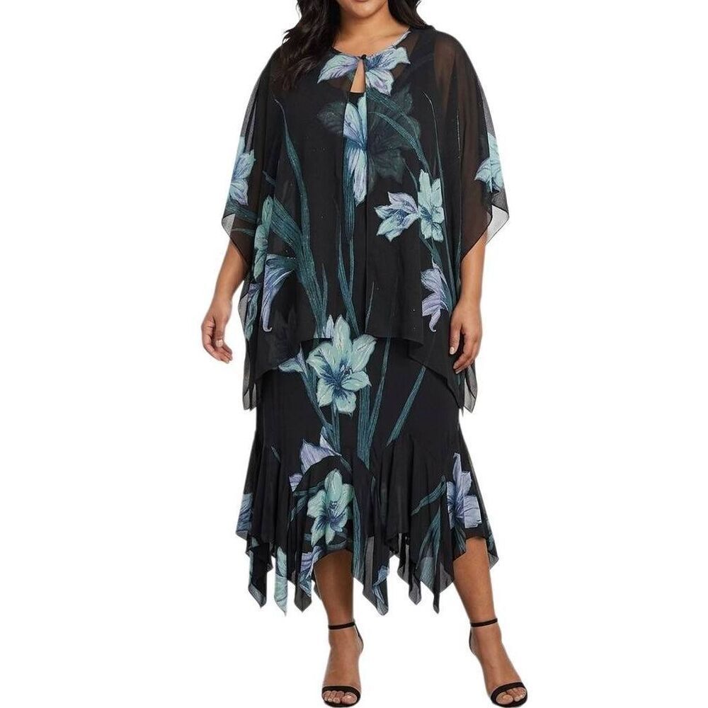 Vintage Eva Blue Black Iris floral asymmetrical scarf poncho overlay dress 20